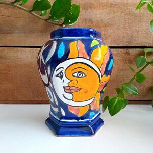 Vintage Hand-Painted Mexican Talavera Pottery Vase, Ceramic, Sun Moon Celestial